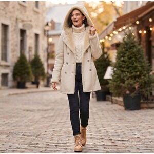 MaxMara Faux Shearling Lined Coat Double Breasted Hooded Plush Cream Small